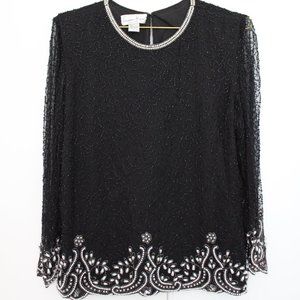 Laurence Kazar Dazzling Sequin Evening Top Black Longsleeve L